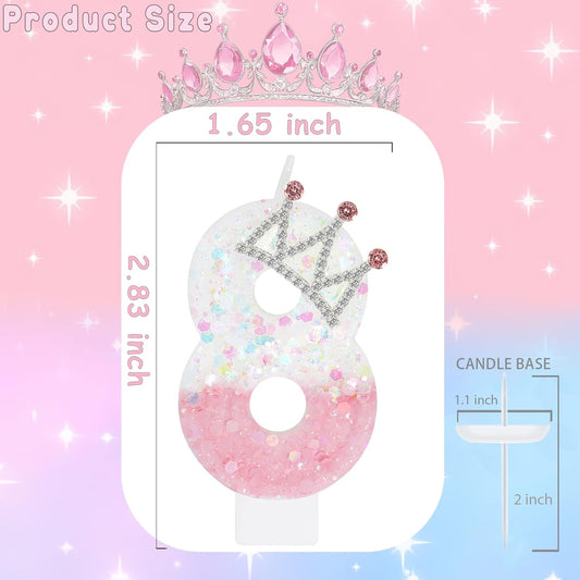 Pink White Number 8 Candle, Glitter Crown Cake Topper, Princess Birthday Party Decorations for Girls and Women Anniversary Celebrations Party Favors