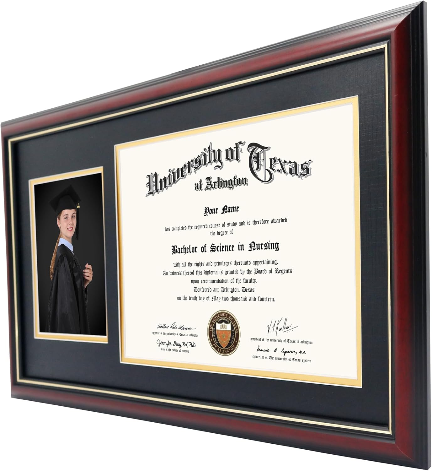 GraduationMall 11x19 Cherry Diploma and Photo Frame for 8.5x11 Certificate,5x7 Picture,Tempered Glass,Black over Gold Double Mat