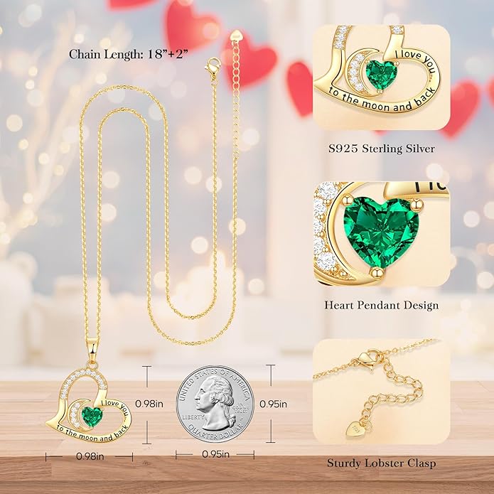 Anniversary Necklace for Women Birthstone Jewelry for Wife Gifts for Her Wife Birthday Gift Ideas Anniversary for Girlfriend I love you to the moon and back Necklaces Filled 925 Sterling Sliver