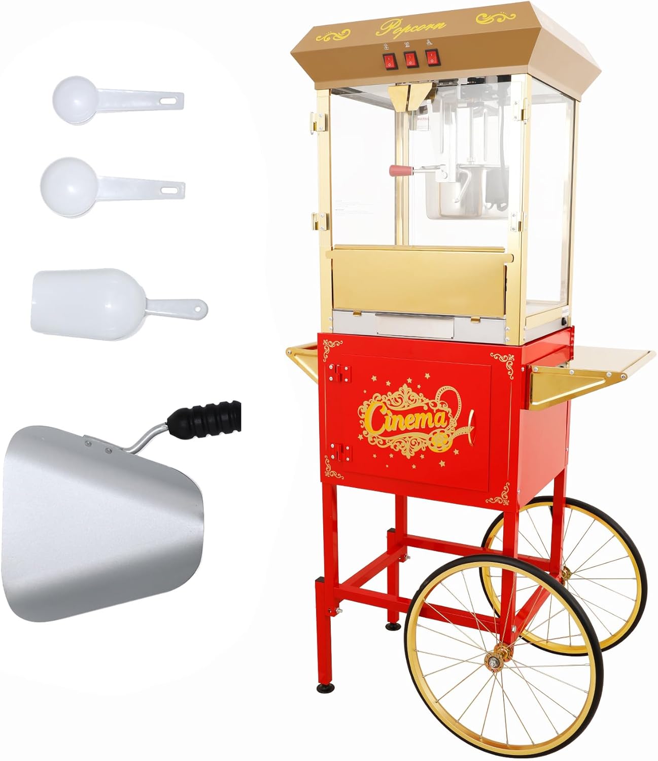 Upgraded 16oz Commercial Popcorn Machine with Cart, Large Popcorn Machine Makes Up to 80 Cups, Movie Theater Pop Corn Machine with Easy-Rolling wheels & Stainless-Steel Kettle, Red&Gold