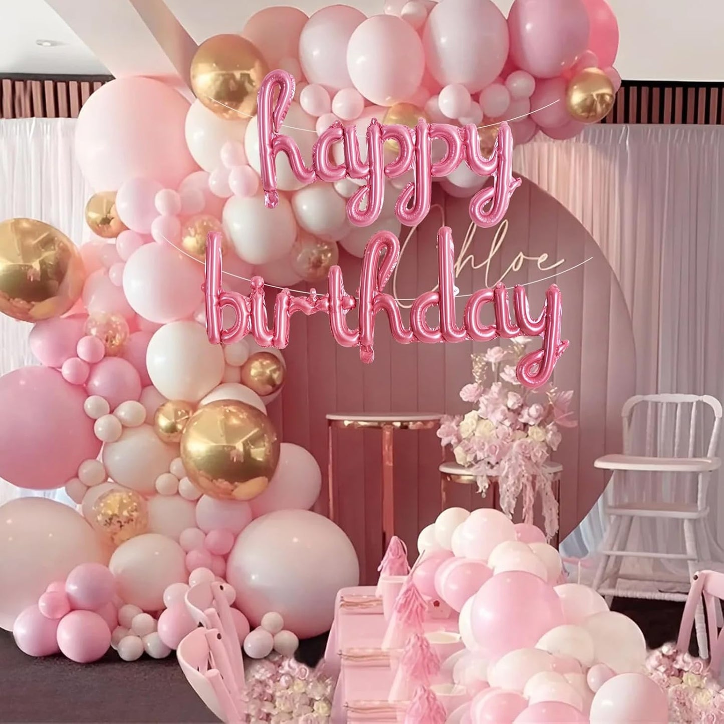 TONIFUL Pink Happy Birthday Balloons 16 Inch Pink Mylar Foil Script/Cursive Letters Balloons Sign Banner Reusable Material for Girls Boys Kids & Adults Birthday Decorations