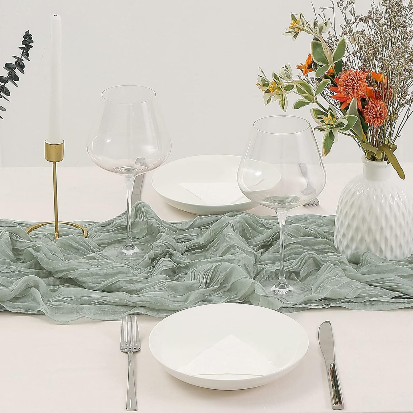 DOLOPL 8PCS St. Patricks Day Table Runner Sage Green Cheesecloth Boho Gauze 13.3ft Rustic Sheer Runner 160inch Long for Wedding Bridal Baby Shower Party Decorations