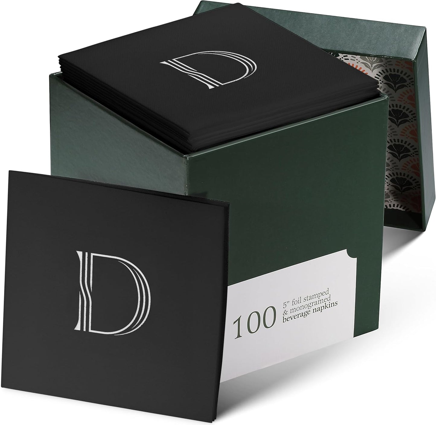 100 Pack Disposable Monogrammed Cocktail Napkins Black, 5"x5" Linen-Feel Silver Foil Letter D Paper Napkins, Initial White Beverage Napkins For Wedding, Party, Bar Or Holiday