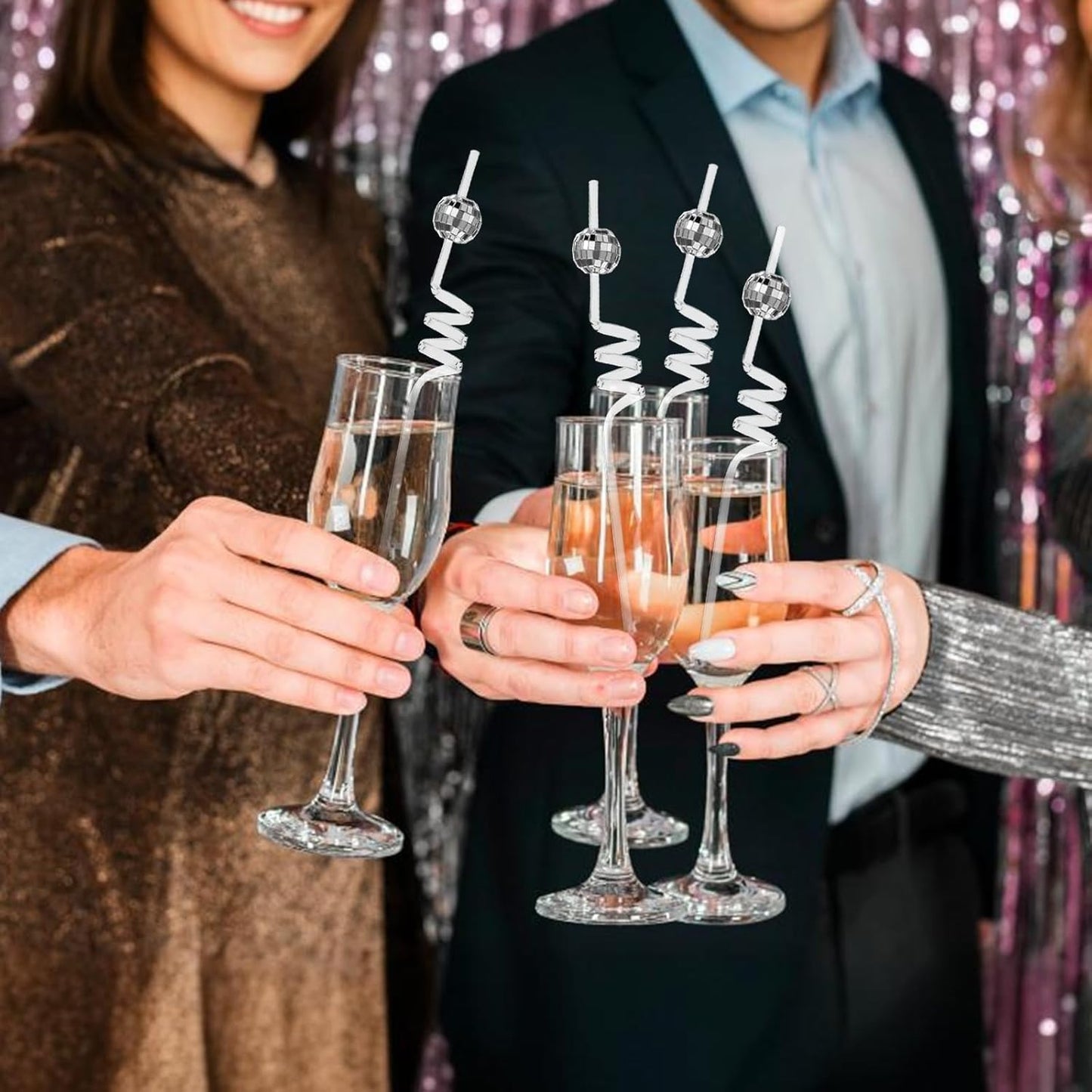Giantree 24PCS Disco Ball Straws 70s Disco Ball Straws Mini Disco Ball Decor Reusable Straw Plastic Straws Reusable for Disco Party Decorations Birthday Wedding Cocktail Cup Decoration Silver