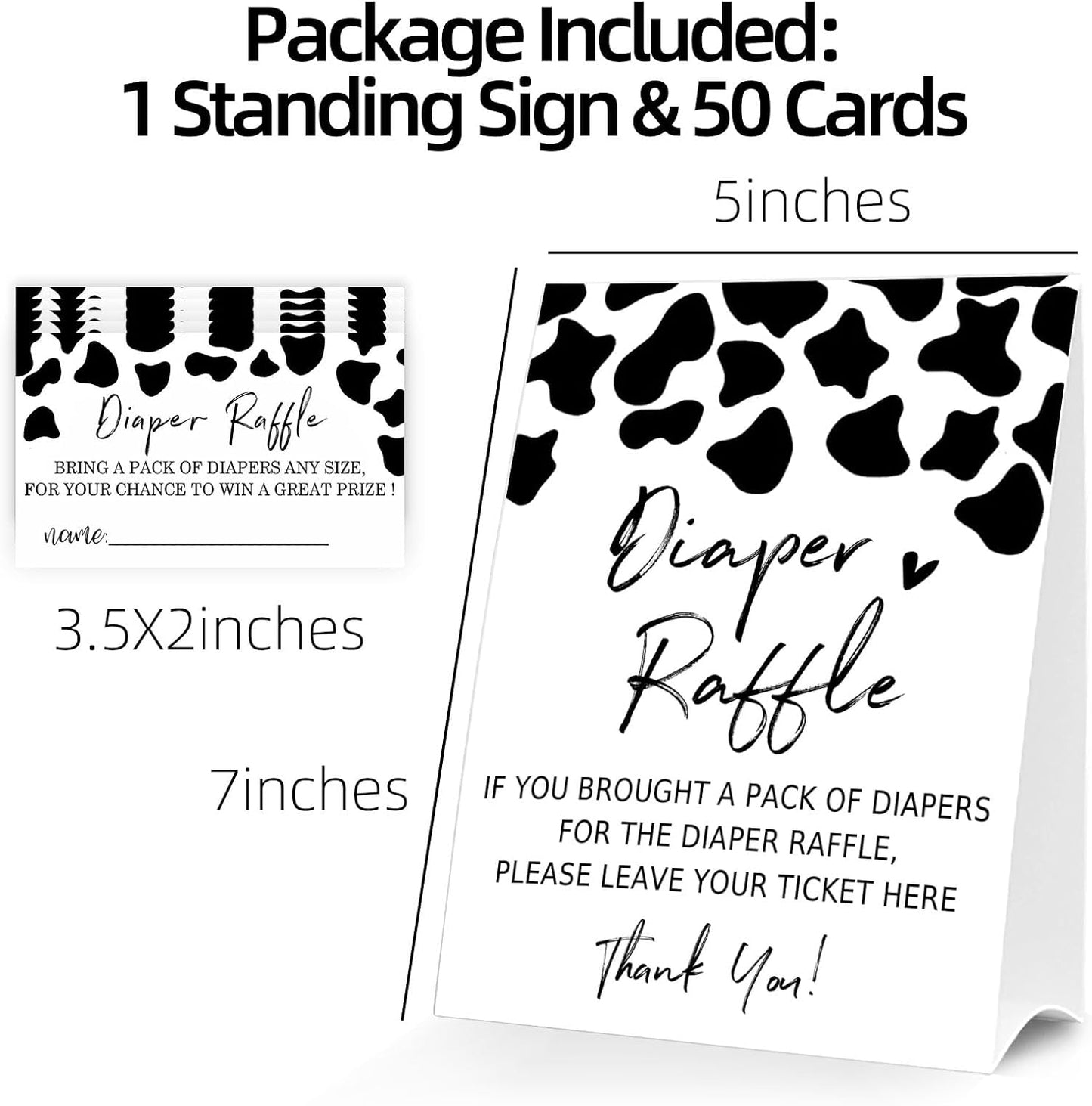 Diaper Raffle Tickets for Baby Shower Game, 1 Standing Sign & 50 Guessing Cards for Baby Shower Party Decoration, Dairy cow