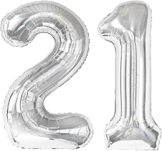 Silver Number 21 Balloon 40 inch, 21 Number Balloons, 21st Silver Birthday Decorations for Girls Boys Kids, 21 Year Old Women Men Silver Party Supplies
