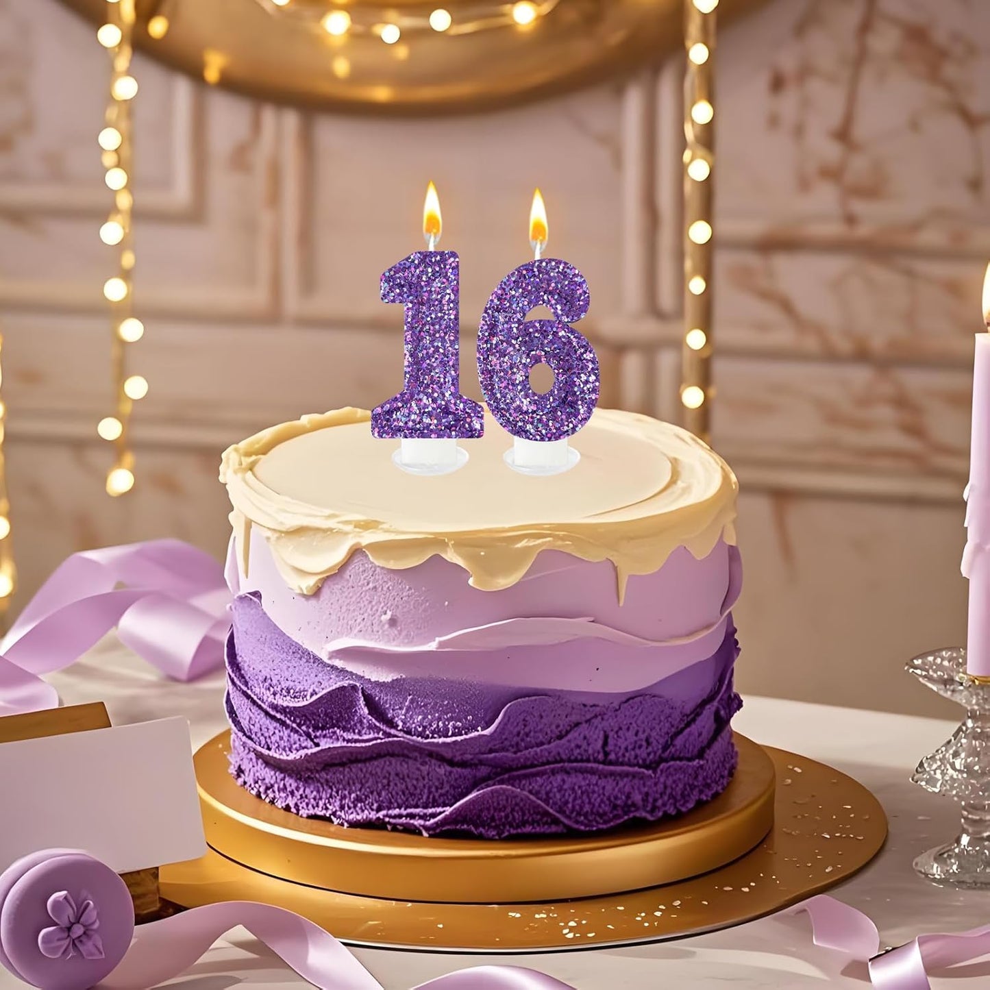 Birthday Number Candles, Glitter Number Candle Cake Decorations with Sequins, Cupcake Decorations for Girls, Women, Party Anniversary Celebrations (Number 6, Purple)
