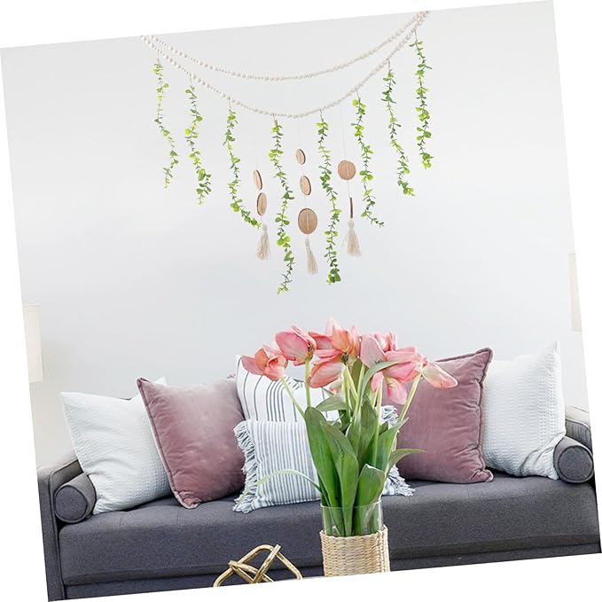Hanging Photo Display Wooden Beads and Eucalyptus Leaves Stylish Wall Decor for Bedroom and Living Room Easy to Install Picture Holder Garland for Home Decoration