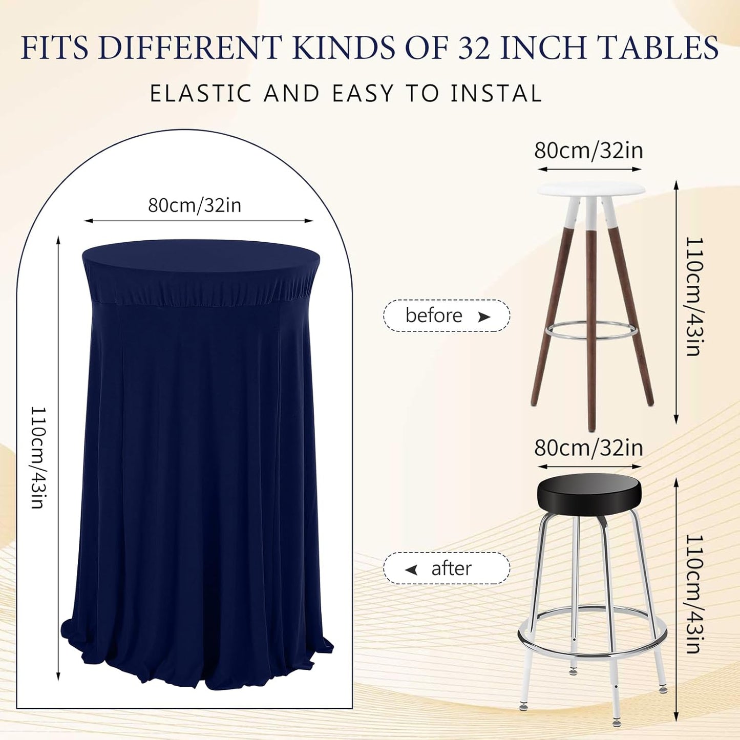 Tegeme 1 Pack 32 x 43 Inch Round Spandex Cocktail Tablecloths with Skirt Cocktail Round Table Cover Spandex Stretch Tablecloth for Fitted High Top Table Bar Wedding Party Banquet (Navy)