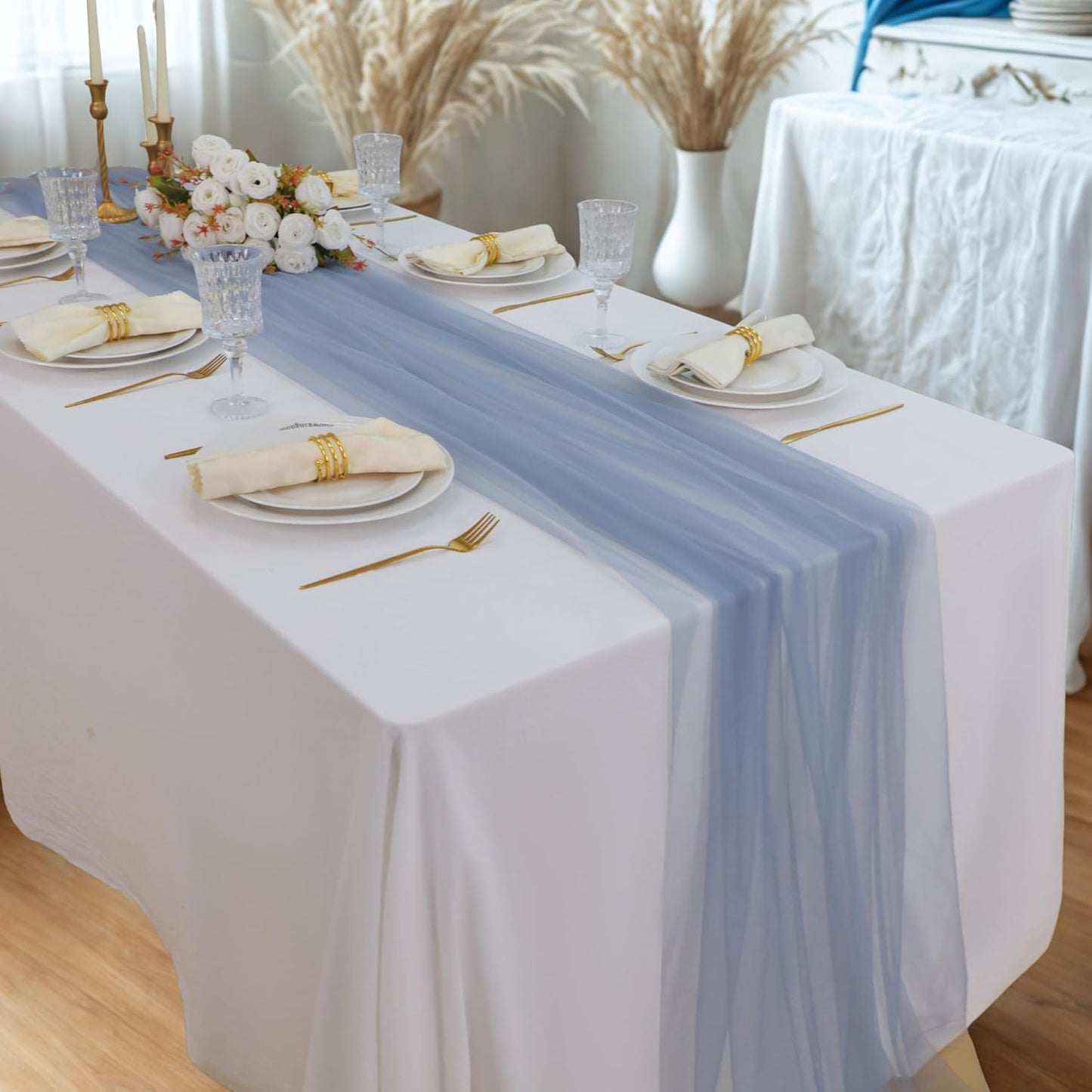 Snowkingdom Dusty Blue Table Runner, 10FT Blue Tulle Cheesecloth Gauze Sheer Boho Rustic Table Runner, Romantic Cheese Cloth for Wedding Party Decorations Christmas Baby Shower Home Decor 120 inch