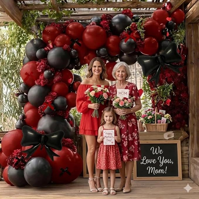 Dark Red Black Balloon Arch Kit with Bow, Double Stuffed Burgundy Black Red Maroon Balloon Garland for Birthday Baby Shower Anniversary Wedding Graduation Mother‘s Day Party Decoration