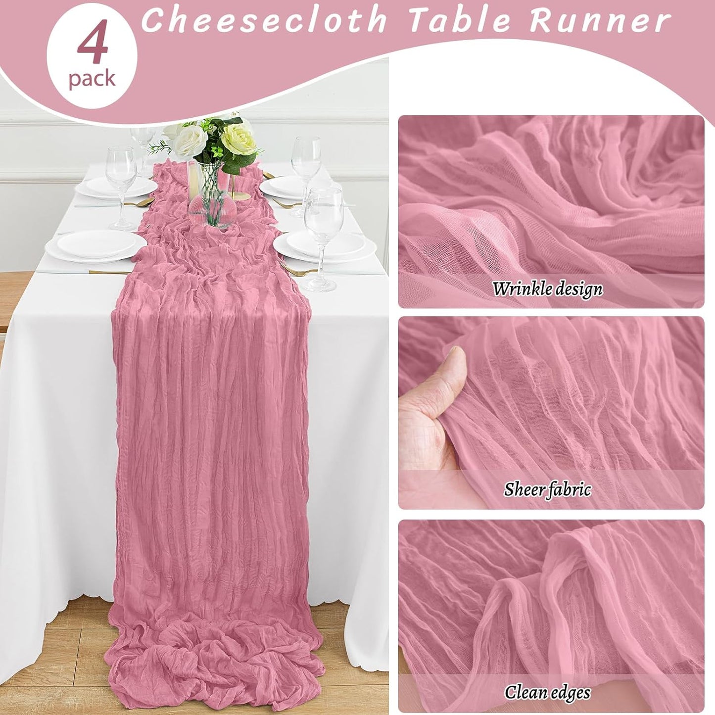 4Pack Dusty Rose Cheesecloth Table Runner 10FT Gauze Cheese Cloth Table Runner 35x120Inch Long Boho Spring Easter Table Runners Rustic Sheer Table Runners for Wedding Baby Shower Bridal Shower Decor
