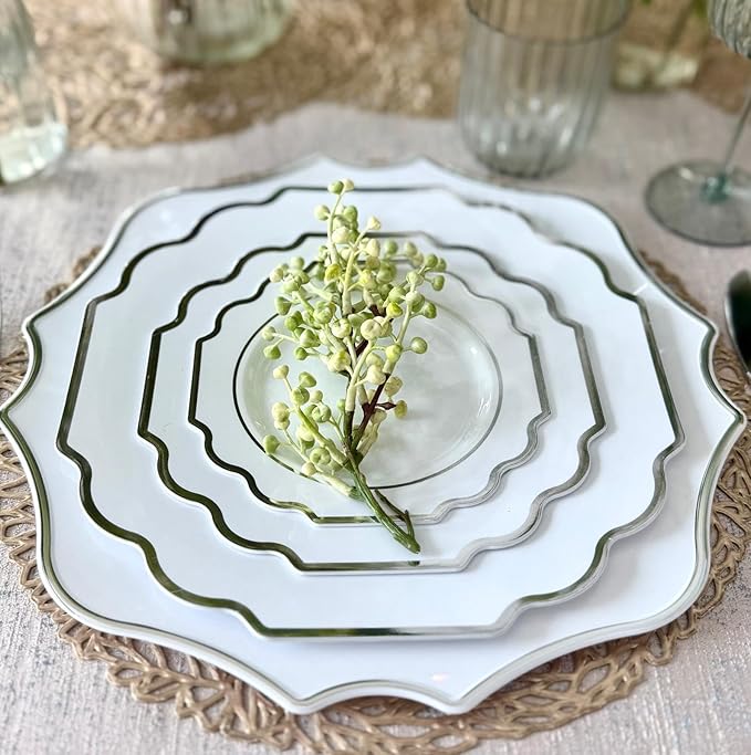 OCCASIONS 40 Piece Disposable Plastic Charger Plates 13.25'' Heavyweight BPA-Free, Bulk Party Plate Chargers for Weddings & Events, White & Silver Scalloped Imperial Collection