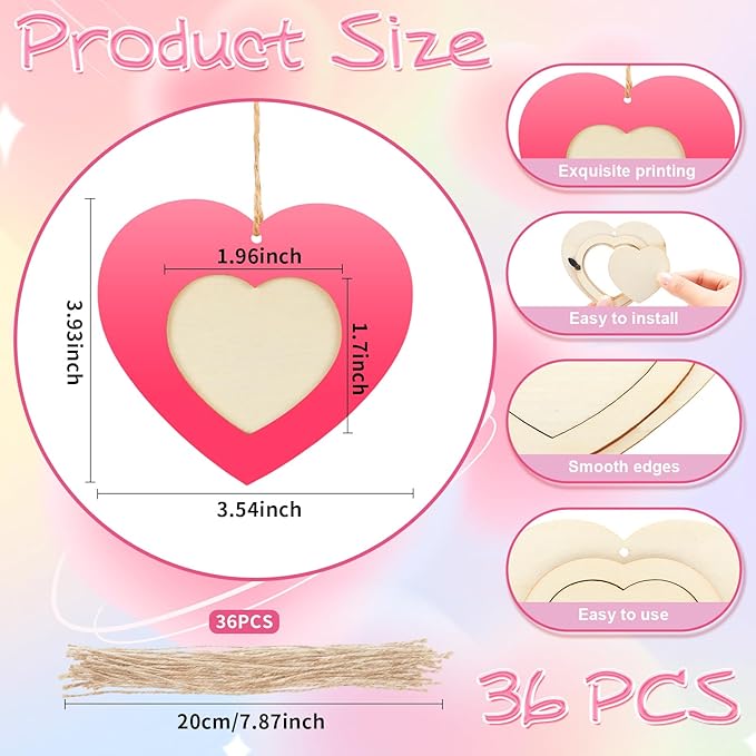 BreezeHug 36 Sets Heart Crafts DIY Picture Frames Kit Unfinished Wooden Photo Frame Ornament with Rope Mother's Day Party Decoration Art Gift for Classroom Exchange Home Favor Valentines Supplies