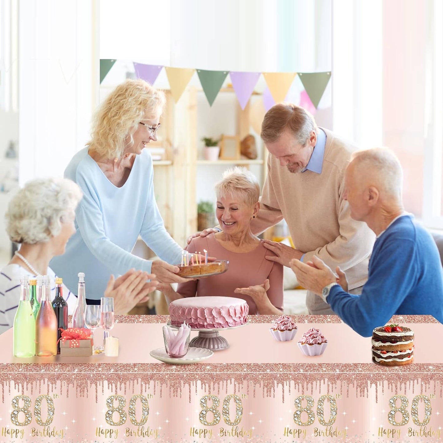 Excelloon 3 Pack 80th Birthday Tablecloth Decorations, Pink Rose Gold Happy 80 Birthday Table Cover, Plastic Disposable Rectangular Table Cloth Decor