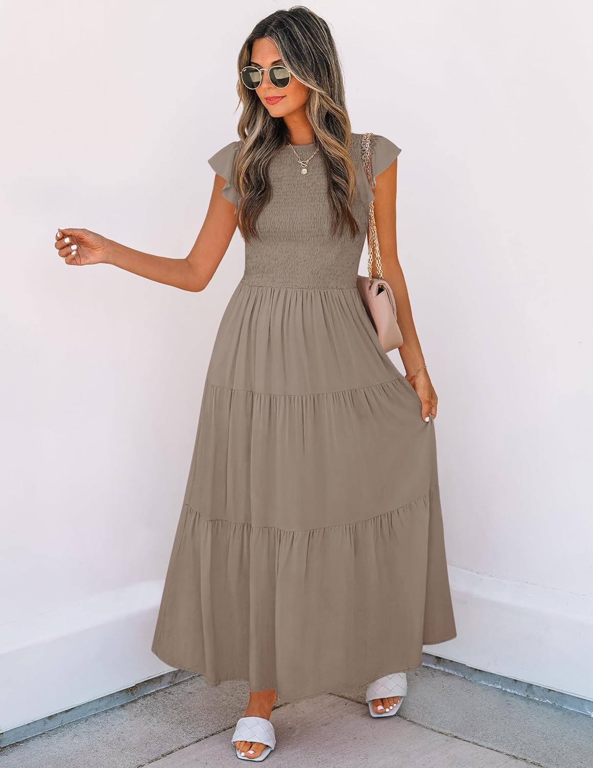ZESICA Women's 2025 Summer Casual Flutter Short Sleeve Crew Neck Smocked Elastic Waist Tiered Midi Dress
