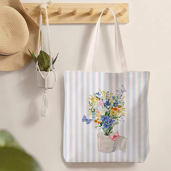 Blue Preppy Floral Aesthetic Tote Bag for Women,Printed Canvas Tote Bag for Girls,Blue Striped Watercolour Aesthetic Reusable Shopping Grocery Bags Party Favors