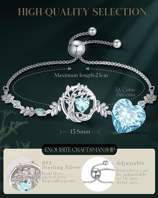 FANCIME Valentines Day Gift Tree of life Birthstone Bracelet for Women Sterling Silver Tree Jewelry Birthstone Charm Bracelet Gemstone Anniversary Birthday Gifts for Wife Mom Her