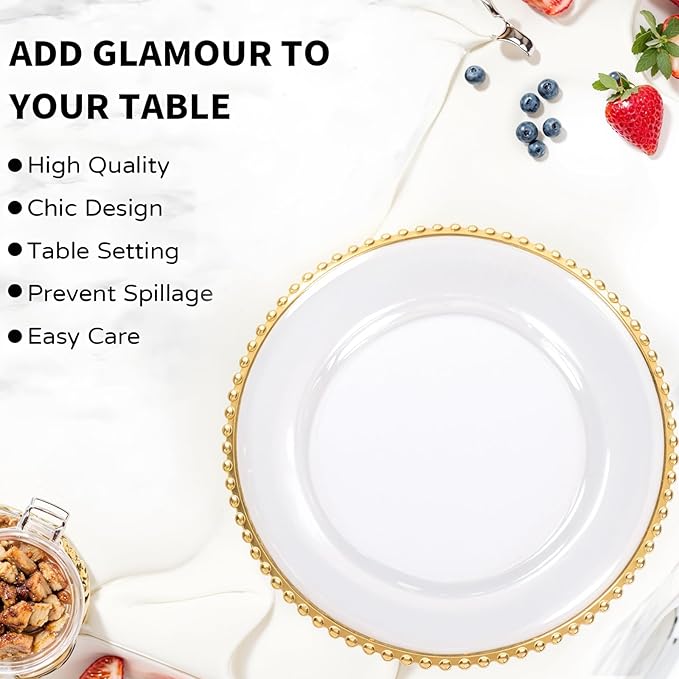 EI 13 Inch Gold Charger Plate,50pcs Clear Charger Plates with Gold Rim,Disposable Chargers Plate,Plastic Chargers Plates for Dinne Family Party and Wedding