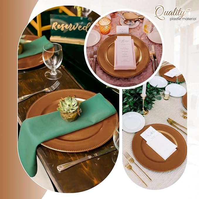 24 Pcs Brown Charger Plates Bulk, 13" Round Beaded Plate for Dinner, Decorative Plastic Table Chargers for Wedding, Holiday Party, Baby Shower, Event Decoration (Brown)