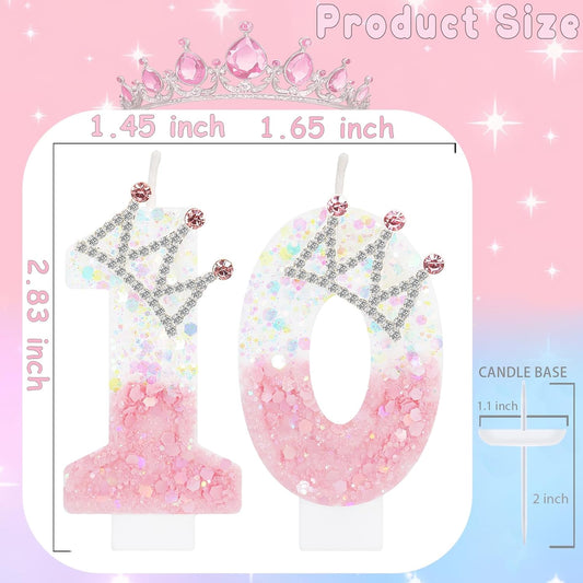 Pink White Number 10 Candle, Glitter Crown Cake Topper, Princess Birthday Party Decorations for Girls and Women Anniversary Celebrations Party Favors