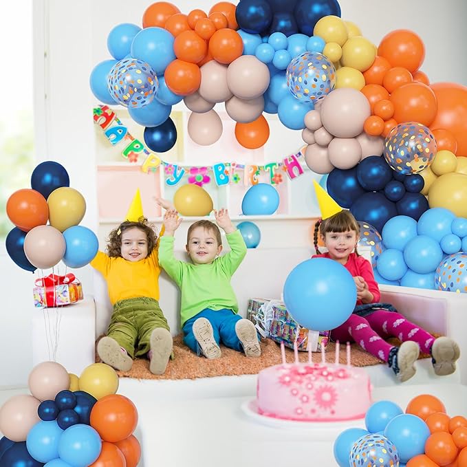 Amandir 153pcs Blue Orange Balloon Garland Arch Kit, Different Sizes 18 12 10 5 inch Navy Blue Yellow Latex Pearlescent Confetti Balloons for Girl Boys Blue Birthday Party Decorations