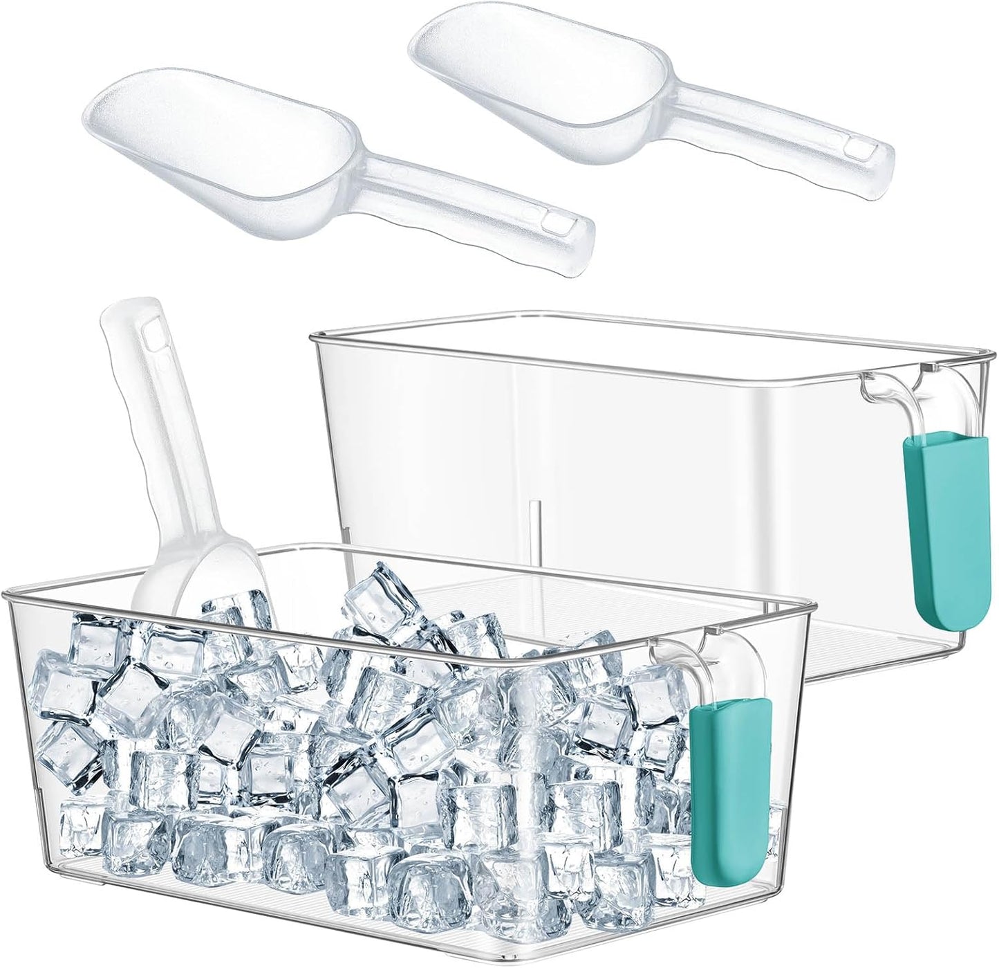 Havawish 2 Set Ice Bin and Flexible Scoop Set Plastic Freezer Ice Bin with Pull Out Handle Clear Storage Bucket for Container with Bucket Scoop(Blue,10.83 x 7 x 4.33 in,10.83 x 4.92 x 4.33 in)
