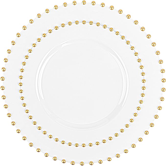 PLASTICPRO 128 Piece Combo Plastic Dinner Plates Disposable Plastic Fancy Heavy Duty Party Dishes 7 inch and 10 inch, White and Gold Beaded