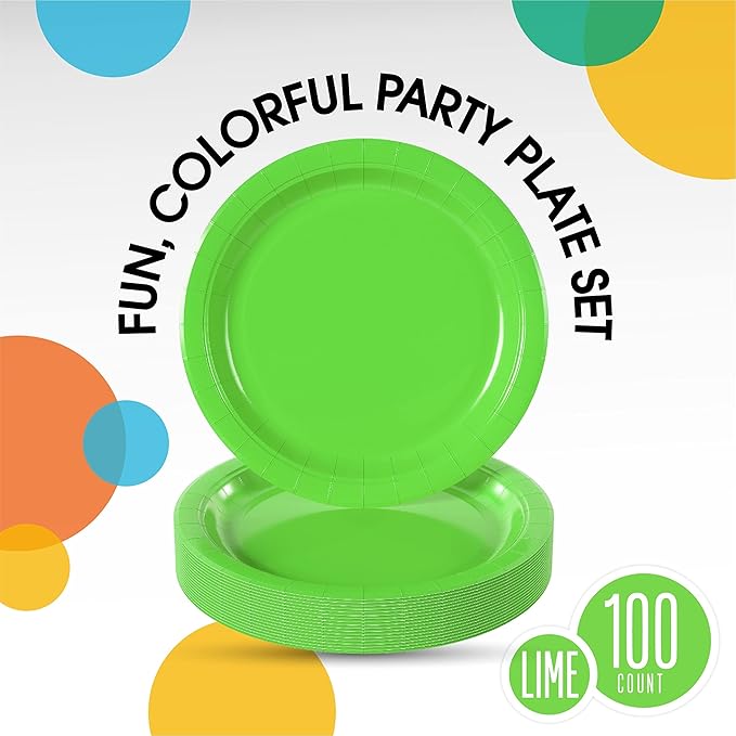 Exquisite Party Solids Lime Green Paper Plates Disposable Heavy Duty 9 Inch Lime Green Disposable Plates For Party 100 Pcs Heavy Duty 350 GSM, Birthday Supplies