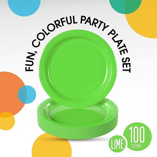 Exquisite Party Solids Lime Green Paper Plates Disposable Heavy Duty 9 Inch Lime Green Disposable Plates For Party 100 Pcs Heavy Duty 350 GSM, Birthday Supplies
