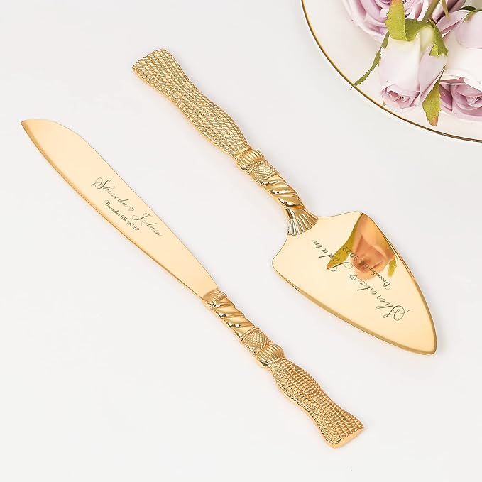 TUKDAK Cake Cutting Set for Wedding, Personalized Gold Cake Knife and Server Set, Custom Cake Serving Set, Engraved Pastry Pie Server Cake Pizza Cutter, Birthday Bridal Gift (CUS-Tassel)