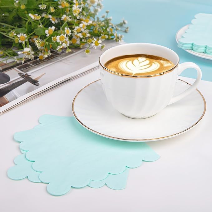 100 Pcs Cocktail Napkins Scalloped Edged Dessert Napkins Folded 5 x 5 Inches Blue Disposable Napkins for Dinner Wedding Birthday Party