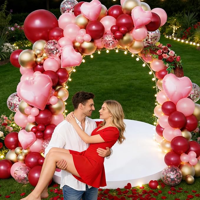 142 Pcs Valentine's Day Balloon Garland Arch Kit with Love Foil Balloons,Burgundy Maroon Gold Pearl Pink Confetti Balloons for Birthday Mother's Day Anniversary Bridal Wine Party Wedding Decorations