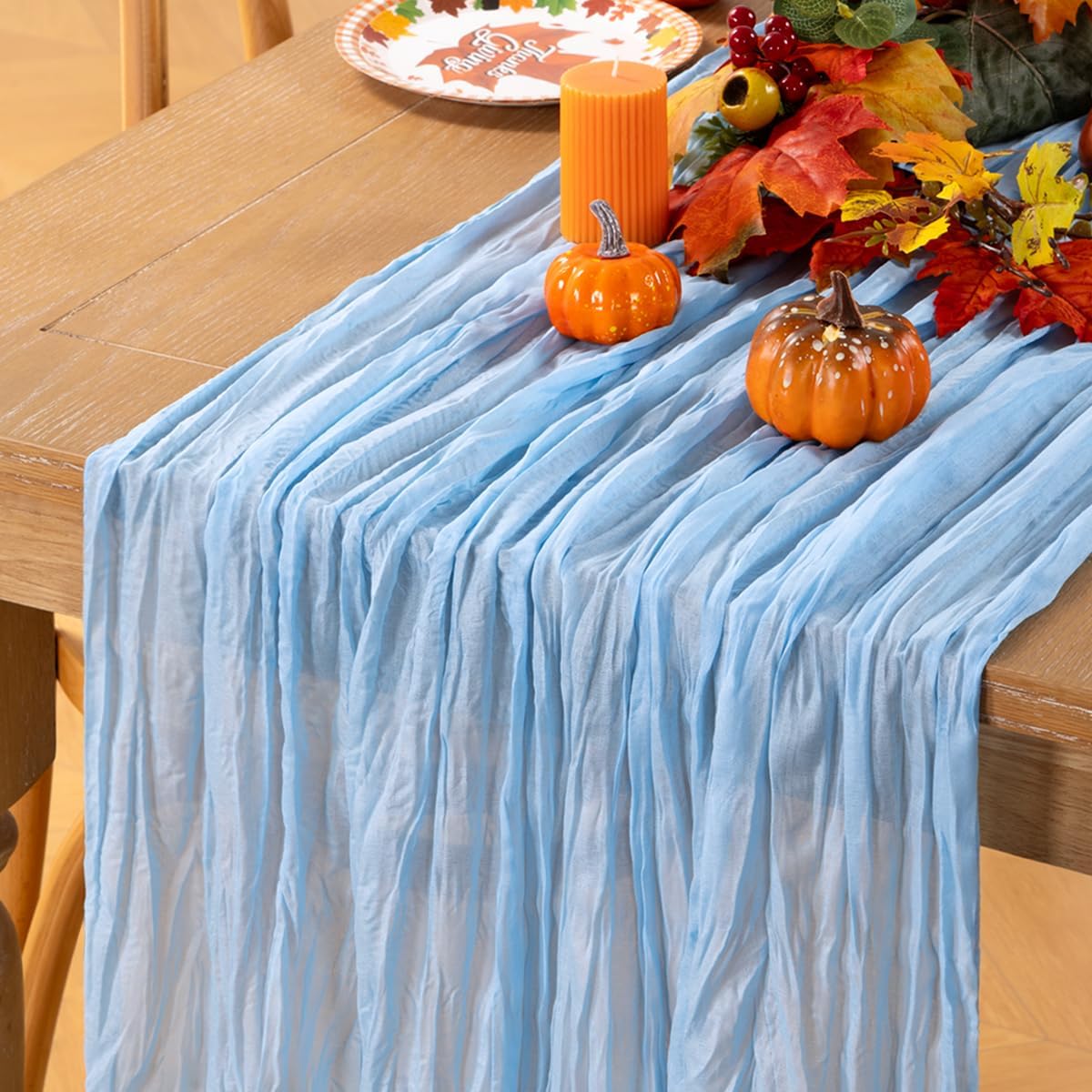 MLMC Light Blue Table Runner Baby Blue Cheesecloth Table Runner 10ft Baby Shower Decorations Rustic Gauze Fall Cheese Cloth Centerpiece 35x120 Inches for Gender Reveal Birthday Party Wedding Decor