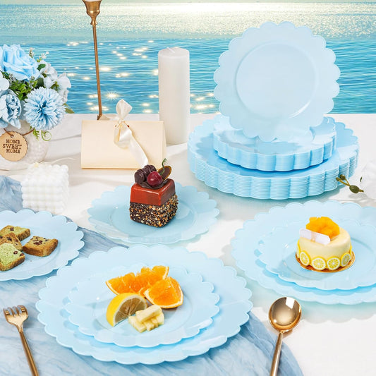 supernal 100pcs Blue Scalloped Plastic Plates-Blue Disposable Plates Heavy Duty-Disposable Plate Set for Party Wedding-Include 50 Plastic Dinner & Dessert Plate Perfect for Thanksgiving,Christmas