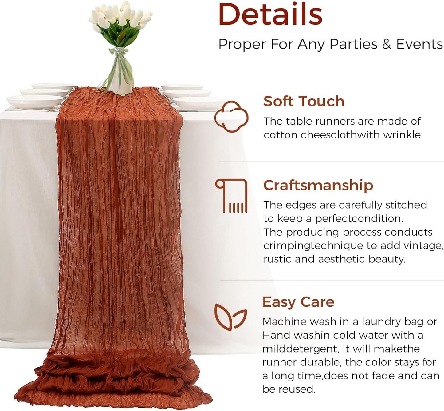 6 Pack Cheesecloth Table Runner 10Ft Boho Gauze Table Runner Cheese Cloth Long Rustic Sheer Table Runner for Wedding Bridal Baby Shower Birthday Party Cake Table Arbor Decorations (Terracotta)