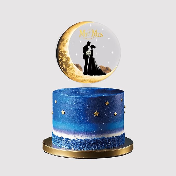 Fuovt Wedding Cake Toppers,Moon-Shaped Acrylic Bride and Groom Cake Topper,Mr & Mrs Wedding Toppers for Cake