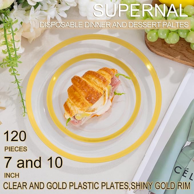 supernal 120pcs Clear and Gold Plastic Plates Disposable Fancy Plates Heavy Duty Gold Plastic Dinneware Include Dinner and Dessert Perfect for Party Wedding and Birthday