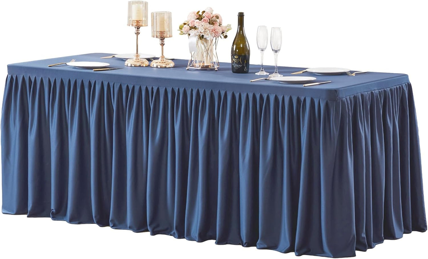 Navy Blue Polyester Table Clothes for 4 Foot Rectangle Tables, Wrinkle Free Fitted Table Cover with Pleated Ruffle Table Skirt for Birthday Party Wedding Trade Show Event Display