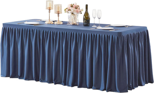 Navy Blue Table Clothes for Rectangle Tables 6ft, Wrinkle Resistant Fitted Table Cloth with Pleated Ruffle Skirts for Banquet Wedding Baby Shower Folding Tables