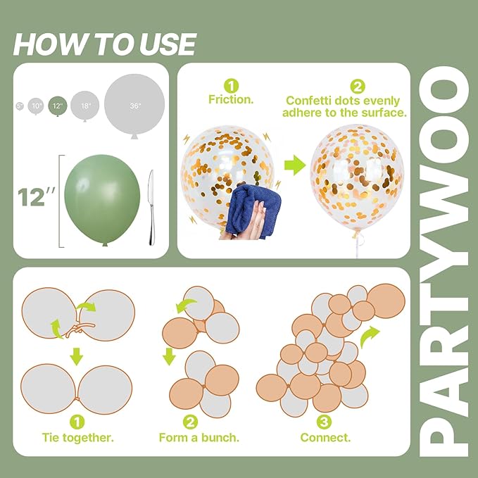 PartyWoo Sage Green Balloons 65pcs 12 Inch Metallic Gold Sand White Light Brown Gold Confetti Balloons for Baby Shower Wedding Engagement Jungle Woodland Forest Birthday Party Decorations