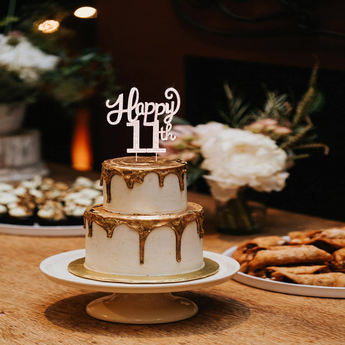 LASKYER Happy 11th Birthday Rose Gold Rhinestone Cake Topper - 11th Birthday/Anniversary,Cheers to Eleven Years Old Bday Party Metal Sparkly Centerpieces Decorations.