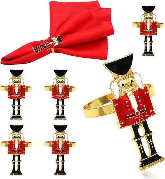 Christmas Nutcracker Napkin Rings Set of 6 for Thanksgiving New Year Xmas Wedding Banquet,Gold Nutcracker Solider Napkin Ring Holders for Baby Shower Brithday Family Gathering Table Decor