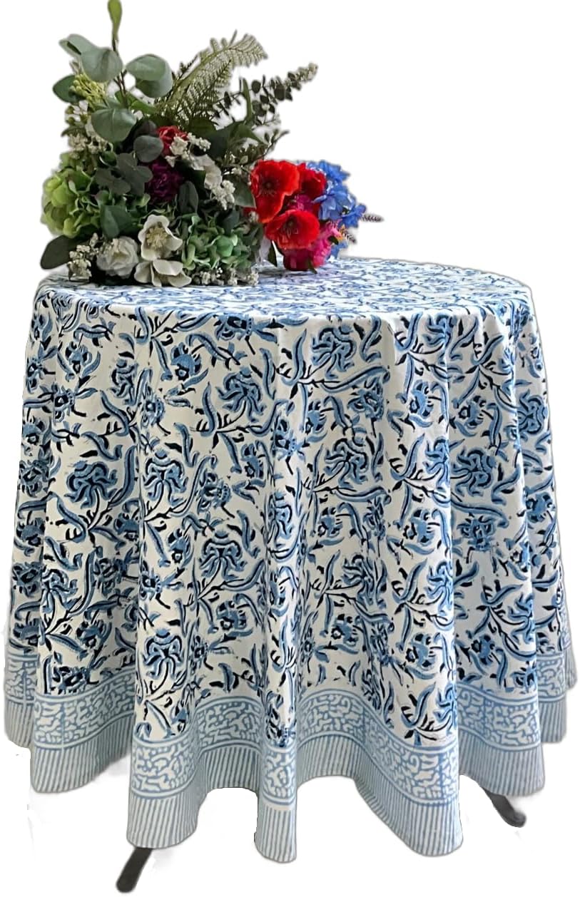 ATOSII Midnight Bloom 100% Cotton Round Tablecloth, Handblock Print Floral Table Cloth for Kitchen Dining Linen I Parties, Weddings, Outdoors, Thanksgiving, Christmas I 72" Inches Round