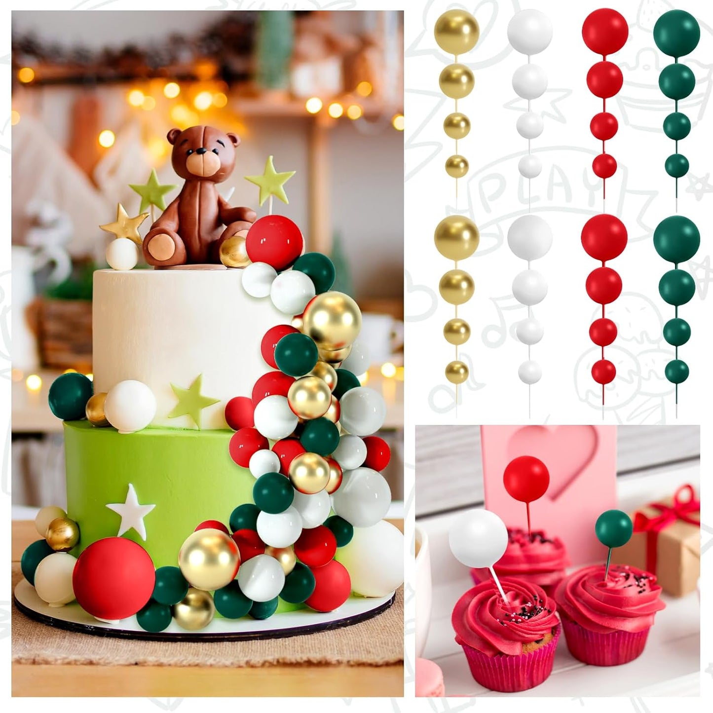 48 Pcs Balls Cake Topper Decorations Balloon Cupcake Toppers Foam Cake Topper Balls Cake Balls Decorations for Christmas Birthday Party Wedding Cake Decorating(Green,Red,White,Gold)