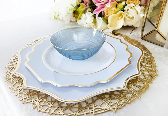 " OCCASIONS " 10 Pieces 13.25'' Scalloped Disposable/Reusable Plastic Charger Plates for Wedding, (Scalloped Imperial Blue & Gold)