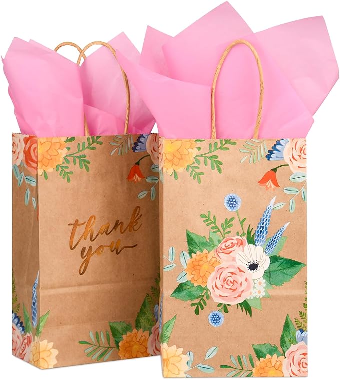 DjinnGlory 25 Pack Small Brown Kraft Floral Paper Gift Bags with Handles and Pink Tissue Paper for Party Goodies, Mother's Day, Thank You Vintage Flowers (9x5.5x3.15 Inch)