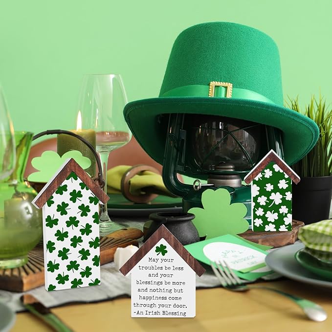 3 Pcs St. Patrick's Day Wood Tiered Tray Decorations Irish Wooden Table House Shape Block Sign Decor Rustic Shamrock Lucky Table Centerpiece for Home Table Centerpiece Farmhouse Shelf Mantel