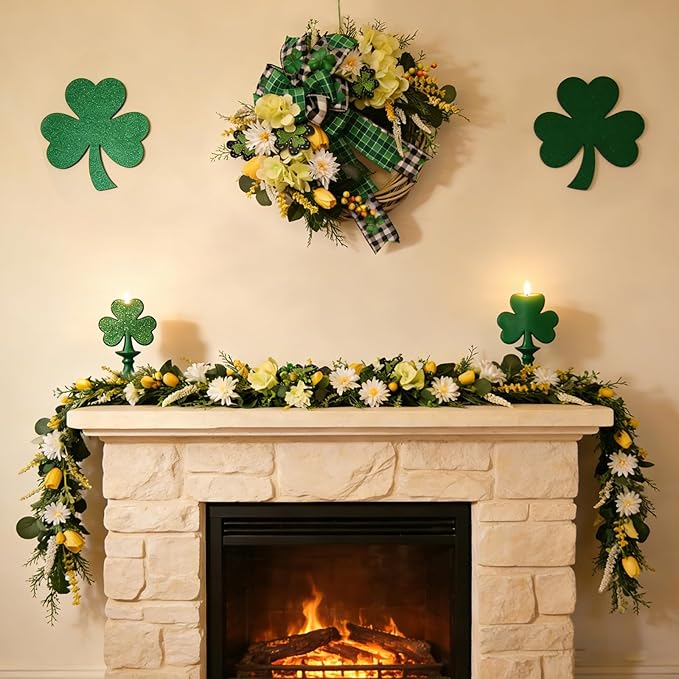 TEMPUS 6Ft Spring Artificial Eucalyptus Garland with Tulip, Hydrangea & Shamrock - St. Patrick's Day and Spring Decor Greenery for Mantle Table Centerpiece Wedding Baby Shower Party