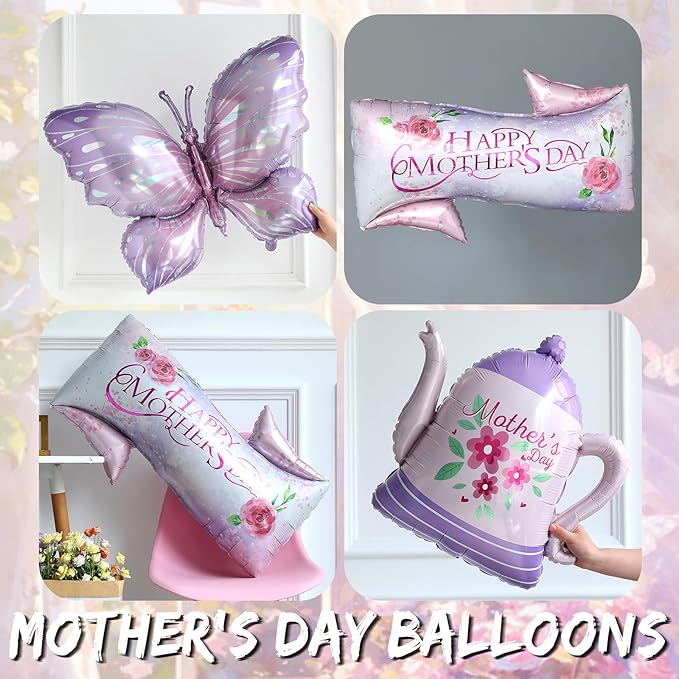 Mothers Day Decoration,160Pcs Pastel Purple Yellow Balloon Garland Arch Kit,with Butterfly,Teapot,Happy Mother's Day Foil Balloons,for Mother's Day Mom Birthday Garden Tea Party Decorations